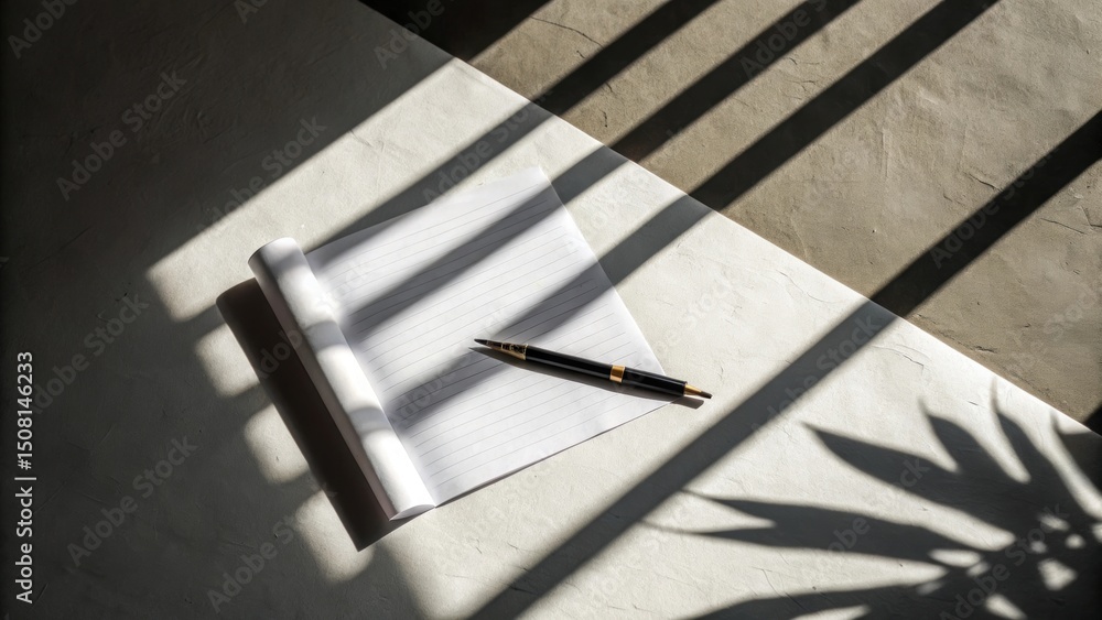Poster a notepad and pen lie on a sunlit surface, surrounded by dramatic shadows from window blinds and lea