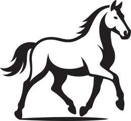 Running horse black white powerful outline, Bold horse in stride silhouette