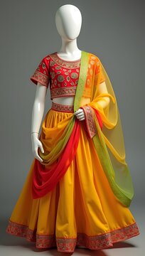 Half-saree style outfit for girls in red, yellow, and green combo with zari blouse and pleated skirt on mannequin
