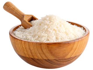 White rice on wooden bowl isolated on white background. Suitable for marketing or business purposes. PNG file