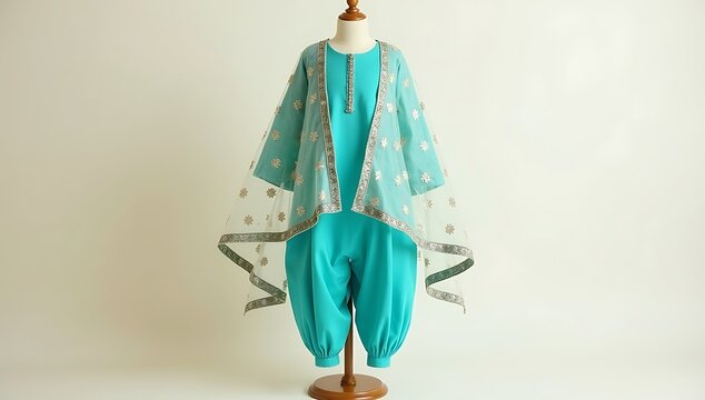 Indian Patiala salwar kameez in turquoise with printed dupatta displayed on mannequin for kidswear collection
