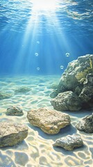 Sunlight Illuminates Underwater Scene with Rocks and Bubbles
