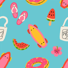 Seamless pattern with summer Icons for tropical vacation. Flat vector seasonal collection with ice cream, pineapple, tropic leaves, plumeria, watermelon, surfboard, beach accessories, swimsuit