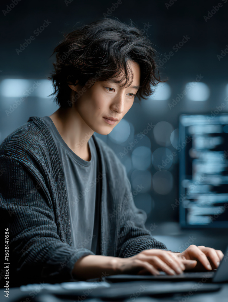 Poster focused programmer: a young man intensely focused on his laptop, his fingers swiftly typing code, il