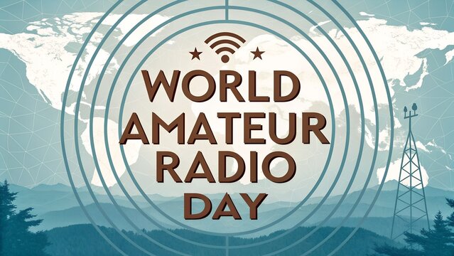 World Amateur Radio Day is celebrated with a vintage-style design featuring radio waves and a map background. The text is bold and prominent, emphasizing the event.