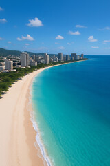 Aerial view of summer beach with turquoise sea and city skyline, Generative AI