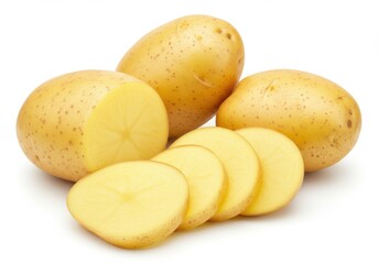 Fresh yellow potatoes whole and sliced isolated on white background
