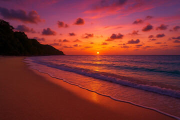 Beach and ocean glowing under magic hour sunset with gentle waves, Generative AI