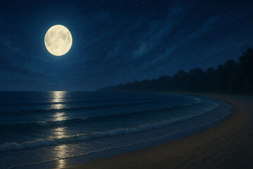 Moonlit beach with full moon and starry night sky, realistic photo style, Generative AI