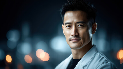 Fototapeta premium Confident Portrait: A headshot of a handsome person, set against a softly blurred cityscape backdrop, embodying an air of calm confidence and professional poise.