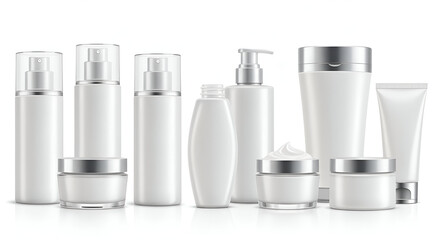 Blank cosmetic containers in various shapes and sizes for a beauty brand. Empty bottles and jars with silver caps display a modern and minimalist aesthetic for skin care products.