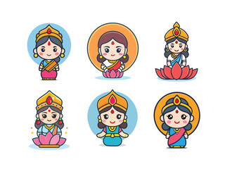 Cute Chibi Lakshmi Cartoon Vector Set – Adorable Hindu Goddess of Wealth in Kawaii Style for Spiritual Designs and Indian Festival Art