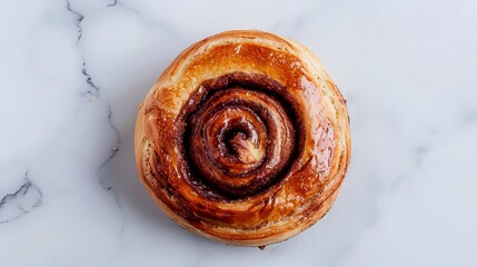 Obraz premium Overhead view of a glazed cinnamon roll on a white marble surface with swirling brown filling
