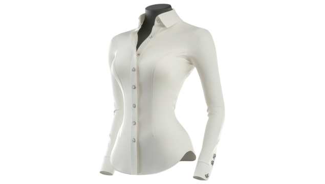 Fitted, long-sleeved, ivory women's blouse with a classic collar and button-front closure. Slim, tailored silhouette