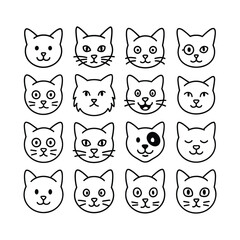 Fototapeta premium Collection of Cute Cartoon Cat Faces in Black Outline Style. cat, cats, kitten, kittens, face, faces, head, heads. Editable stroke