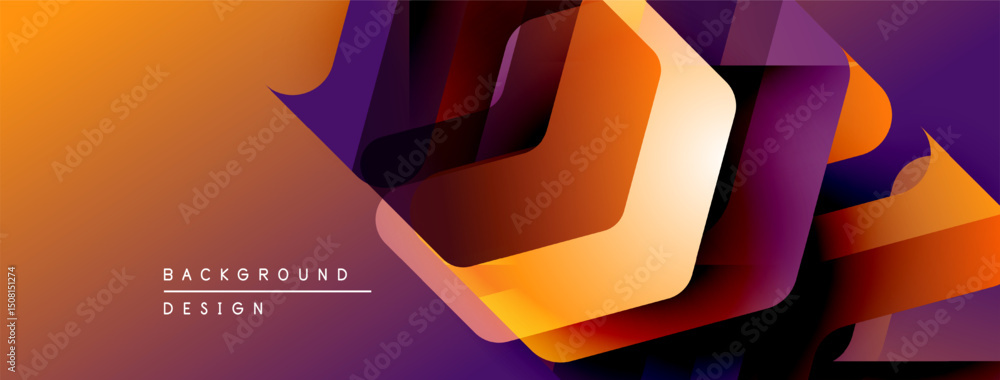 Poster Abstract geometric design. Orange, purple hues create dynamic layered effect. Modern background suitable for presentations, branding.