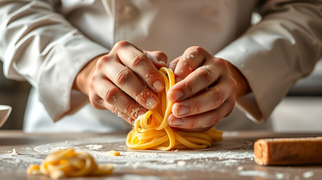 Close-up chef's hands kneading pasta dough conveys the expertise and care taken in the art of cooking. This can be used in advertisements that emphasize the quality and meticulousness of the food.