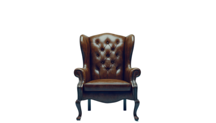 A rich brown leather wingback armchair with button tufting, ornate wooden legs, and a classic design, isolated on a black background