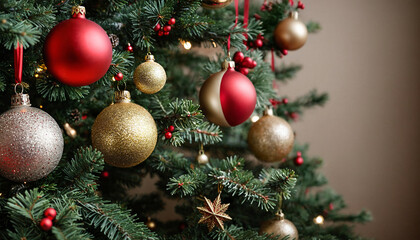 Fototapeta premium festive christmas tree with decorative ornaments, close up fir tree at home indoor