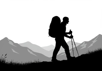 Silhouette of a hiker with backpack trekking in mountains