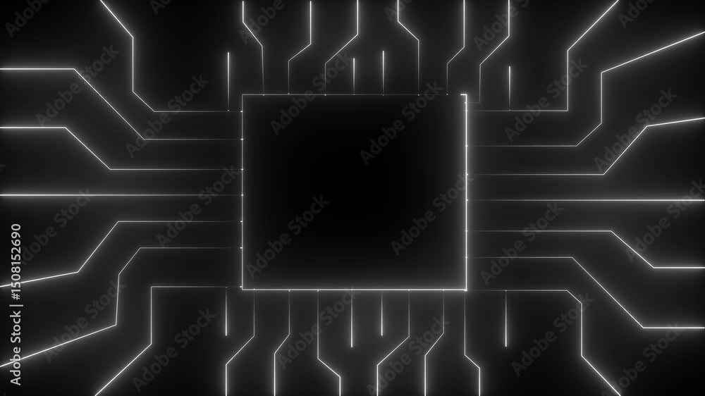 Poster animated glowing circuit on a black background. animated glowing motherboard circuit pattern backgro