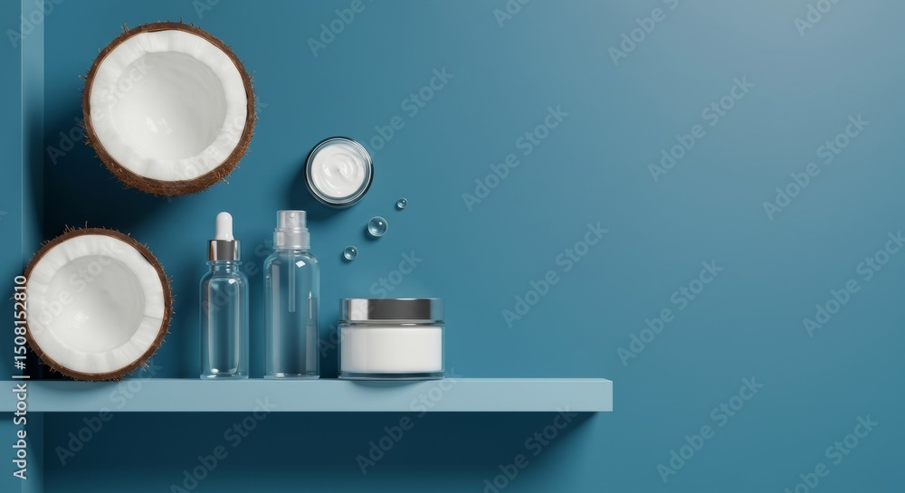 Poster cosmetic product display with halved coconuts on a shelf against a teal background. empty skincare b