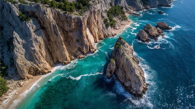 Aerial view of ibiza coastline with turquoise sea and rocky cliffs for travel and tourism promotion