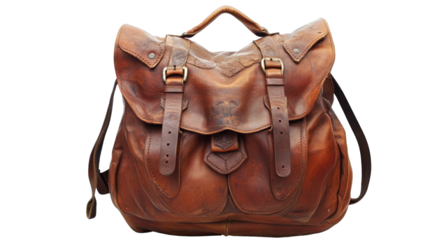 Large, worn brown leather satchel with buckles, straps, and a distressed, vintage appearance; substantial size