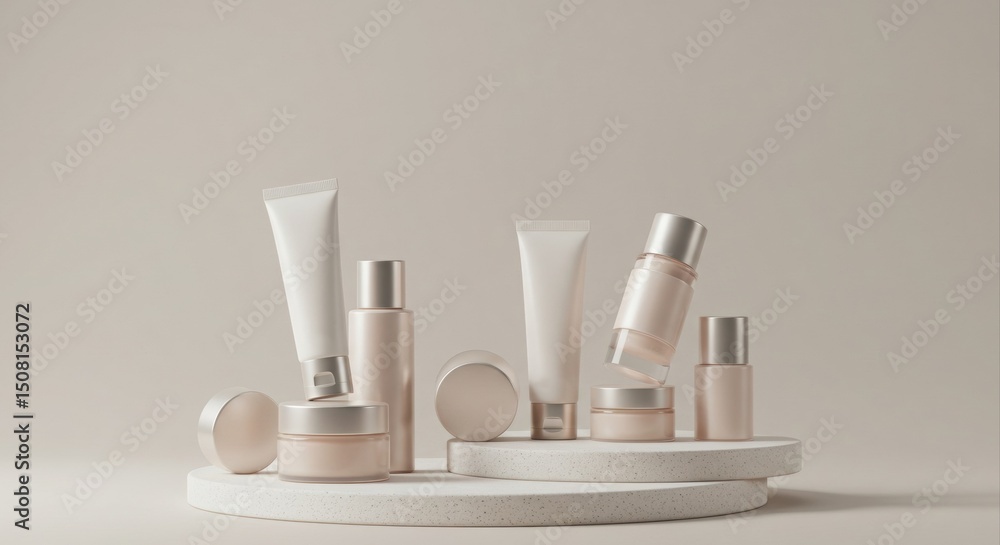 Poster empty cosmetic containers in various shapes and sizes are showcased on simple podiums. this minimali