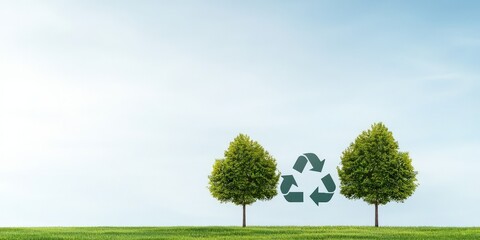Recycling for Environmental Balance and a Greener Planet, Two trees with a recycling symbol between them, symbolizing environmental conservation and sustainability.