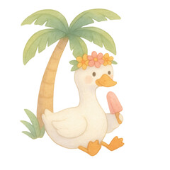 Cute goose under palm tree with popsicle and flower crown, kawaii tropical summer watercolor clipart