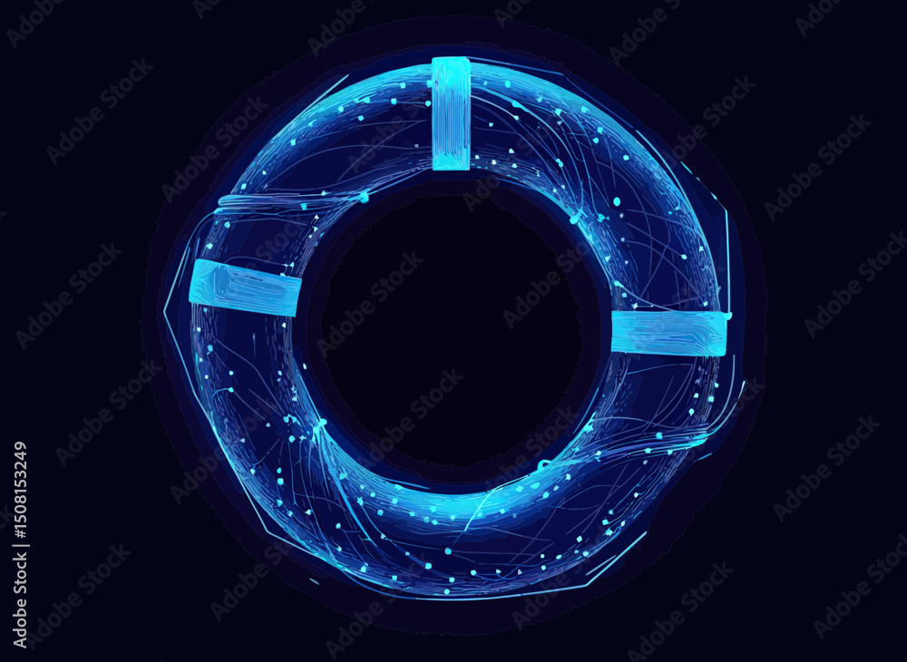 Poster abstract digital lifebuoy with glowing blue network lines and dots on dark background for technology