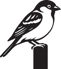 Sparrow perched on post silhouette design, Small bird black and white elegant sketch