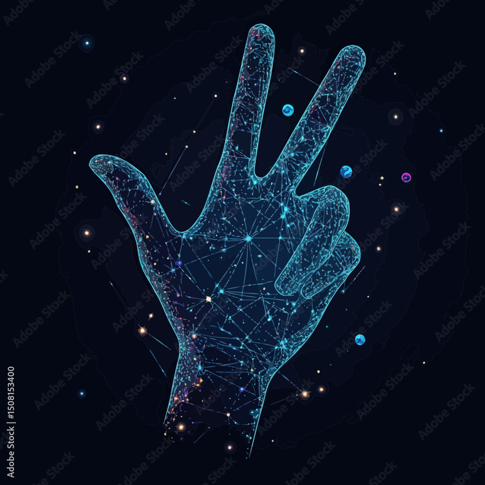 Poster digital wireframe hand gesture showing peace sign with interconnected glowing nodes and starry cosmi