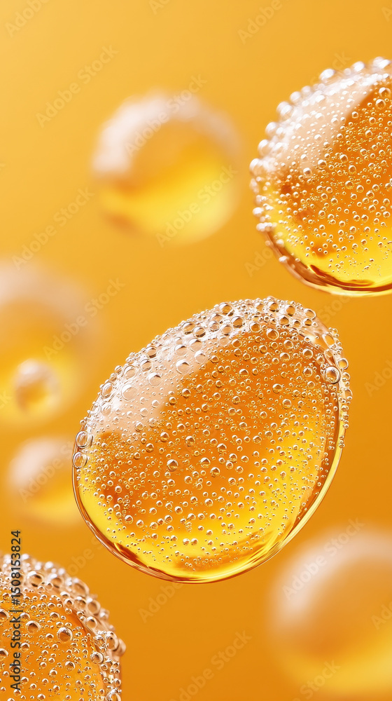 Poster golden oil bubbles with sparkling water droplets float on smooth yellow background, creating fresh a