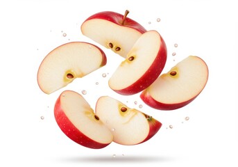 Red apple slices falling with juice splashes isolated on white
