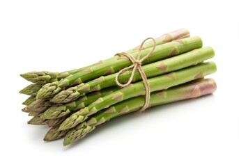 Fresh green asparagus bundle tied with twine on white background