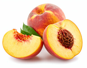 Juicy Peach A Sliced Peach with Fuzzy Skin, Isolated on White Background