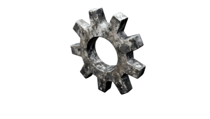 Weathered metallic gear, ten-toothed, grayscale, isolated on black background; shows wear and texture