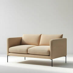 Fototapeta premium A modern minimalist beige 2-seater fabric sofa with thin black metal legs.