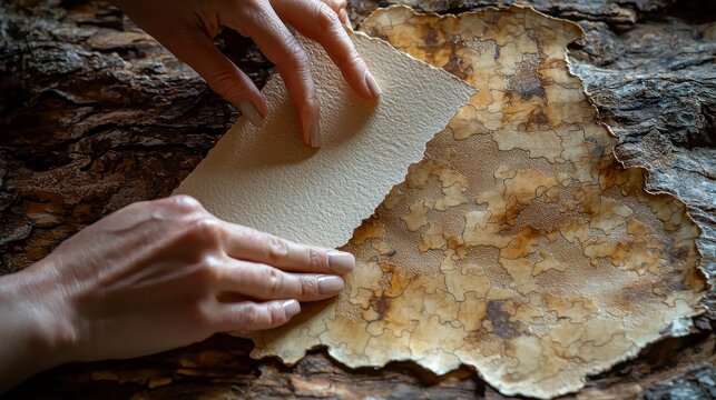 Ponderosa bark pattern transfer demonstration with woman's hands carefully pressing paper against pine tree texture, showcasing traditional craft method in detailed close-up photography