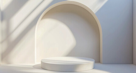 Minimalist Natural Stone Podium in an Arch Niche with Soft Sunlight and Leaf Shadows, product presentation mockup.
