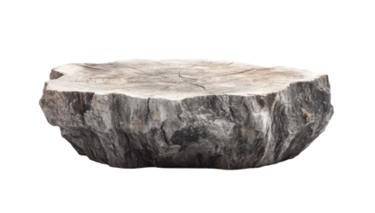 A thick, grey-toned wood slice, showing natural grain and texture, sits on a black background.  Its irregular shape suggests a naturally-formed base