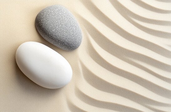 Two stones on sand, serene zen garden