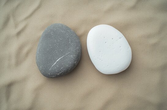 Two smooth, contrasting stones, gray and white, sit side-by-side on beige sand