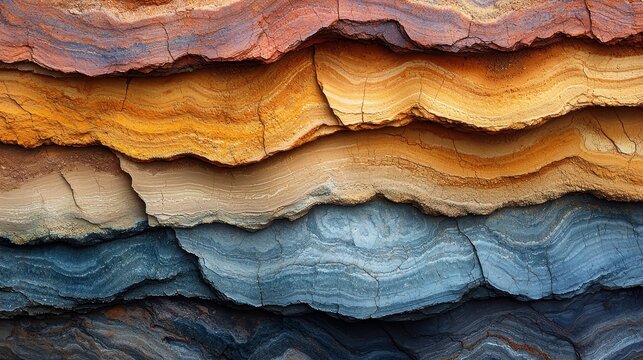 Natural riverbed clay geological striations with exposed sedimentary layers, weathered rock formation in ochre rust and slate blue horizontal bands, textured background