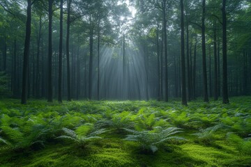 Sunbeams pierce misty forest, ferns carpet the ground. Nature scene, background for peace, tranquility