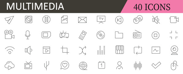 Multimedia related icons set. Including video, audio, photo, play, media, camera, music, and file. Editable stroke. outline icons.