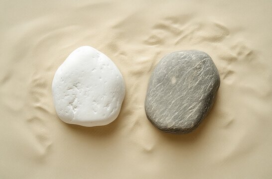 Two stones, white and gray, sit on a light beige surface, likely sand, with subtle patterns