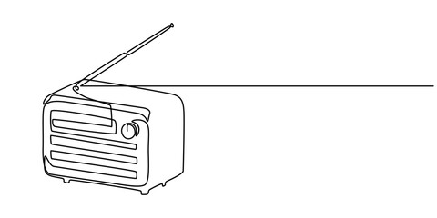 Continuous one line drawing of retro radio player. Vintage radio player in single line draw illustration. Editable stroke, One continuous line drawing of retro old classic radio player. Vintage analog